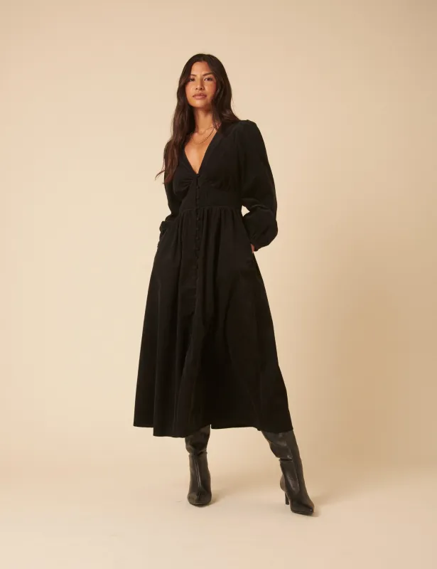 Black Cord Long Sleeve Riley Midi Dress sold by Nobody's Child