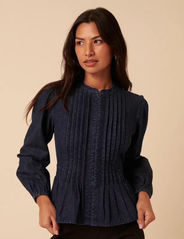 Dark Denim Pintuck Denim Blouse sold by Nobody's Child