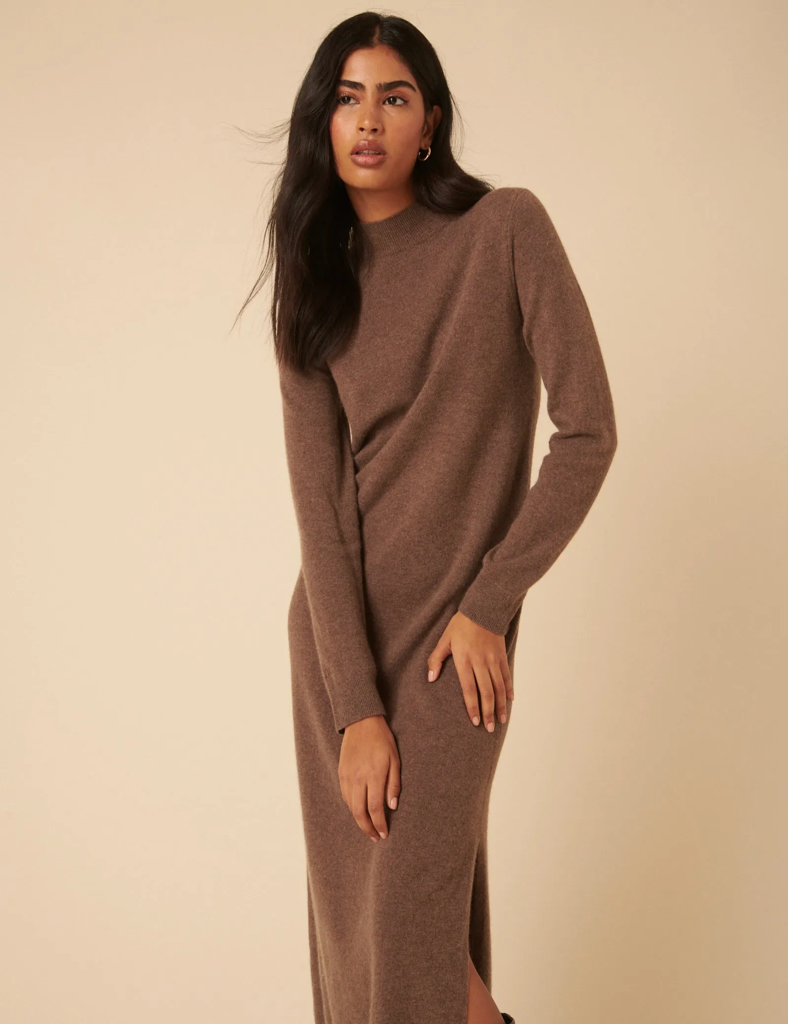 Dark Beige Cashmere Funnel Neck Midi Dress sold by Nobody's Child product image thumbnail 3