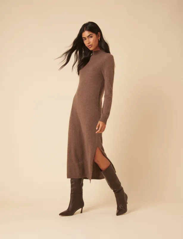 Dark Beige Cashmere Funnel Neck Midi Dress sold by Nobody's Child