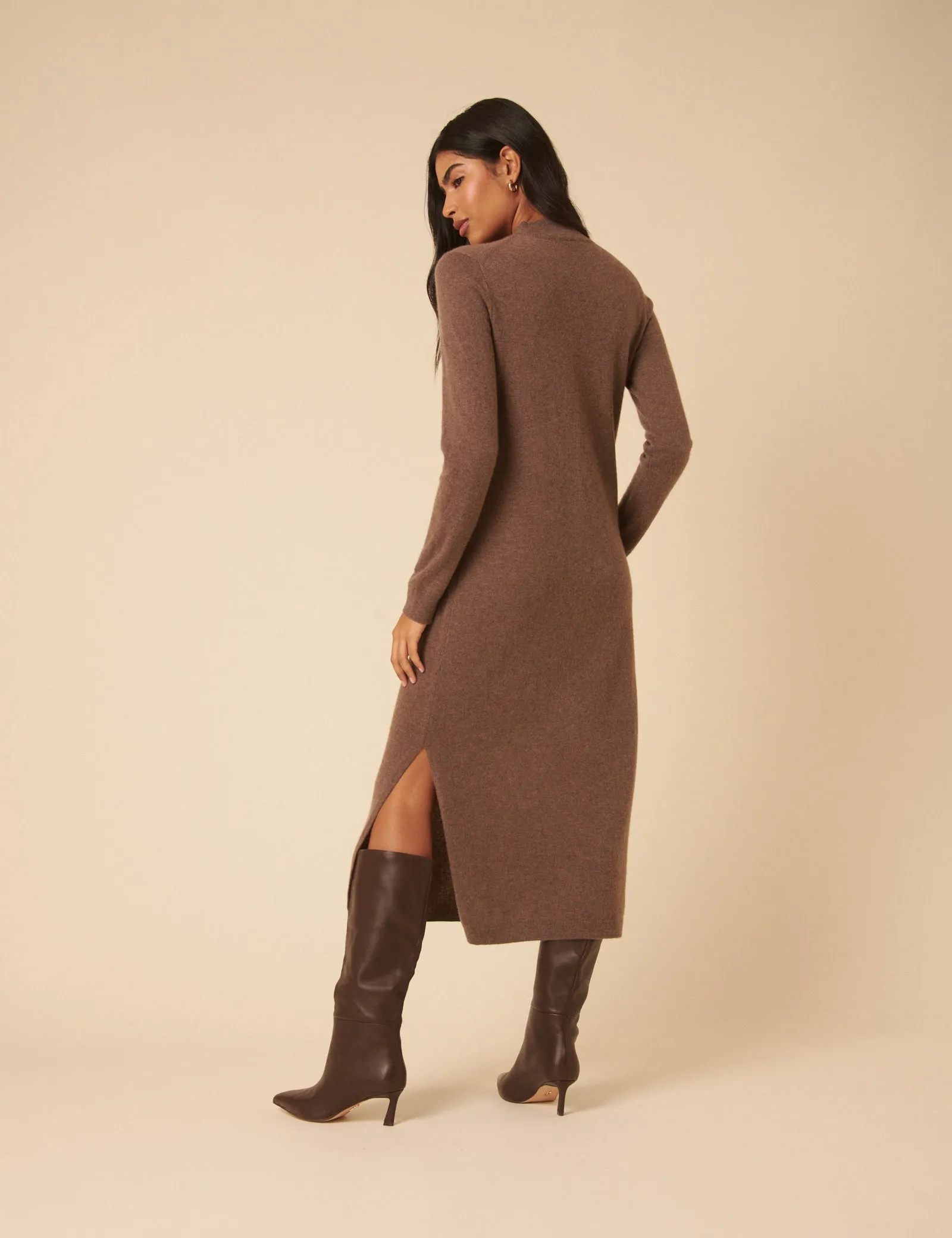 Dark Beige Cashmere Funnel Neck Midi Dress sold by Nobody's Child product image thumbnail 4