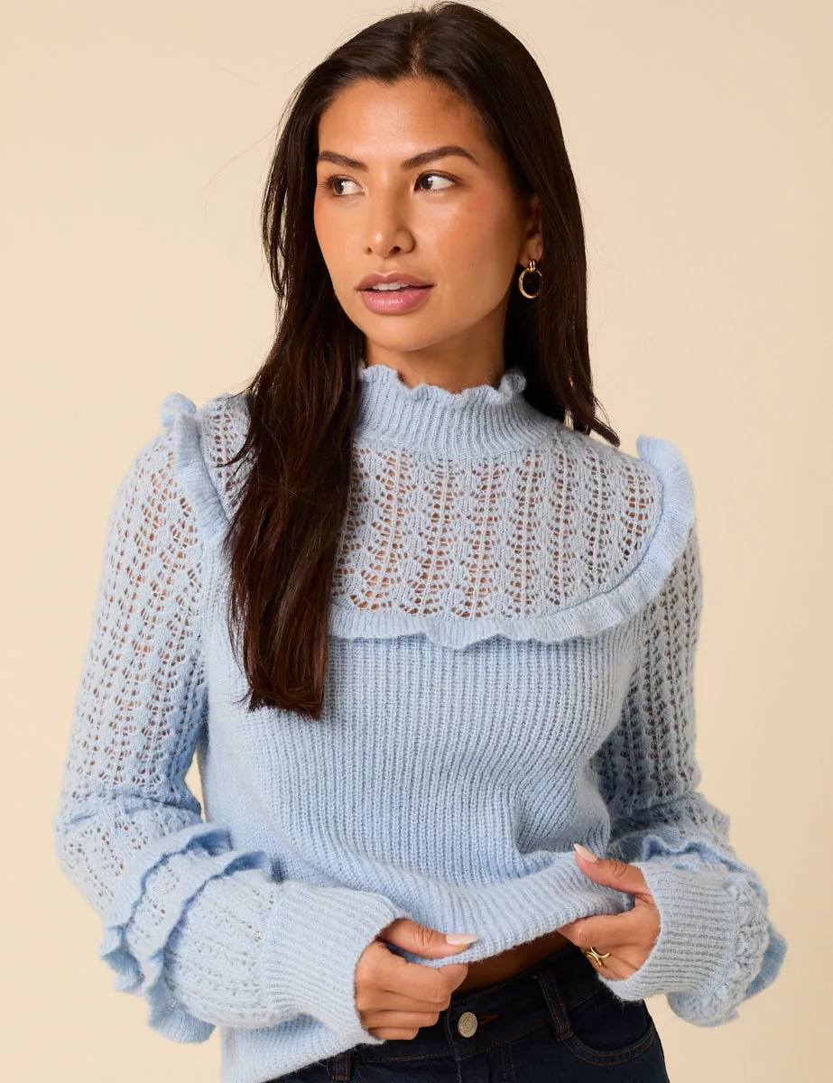 Light Blue Ruffle Pointelle Knitted Jumper sold by Nobody's Child