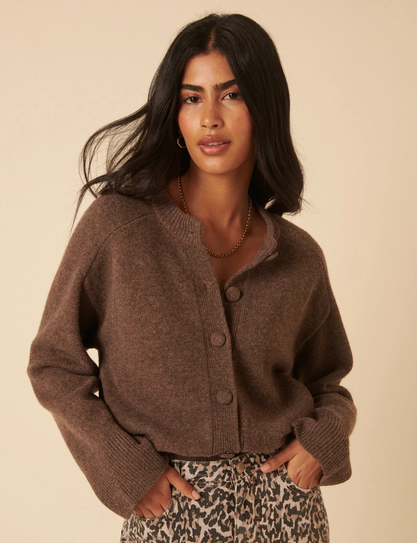Brown Wool Crew Neck Cardigan sold by Nobody's Child