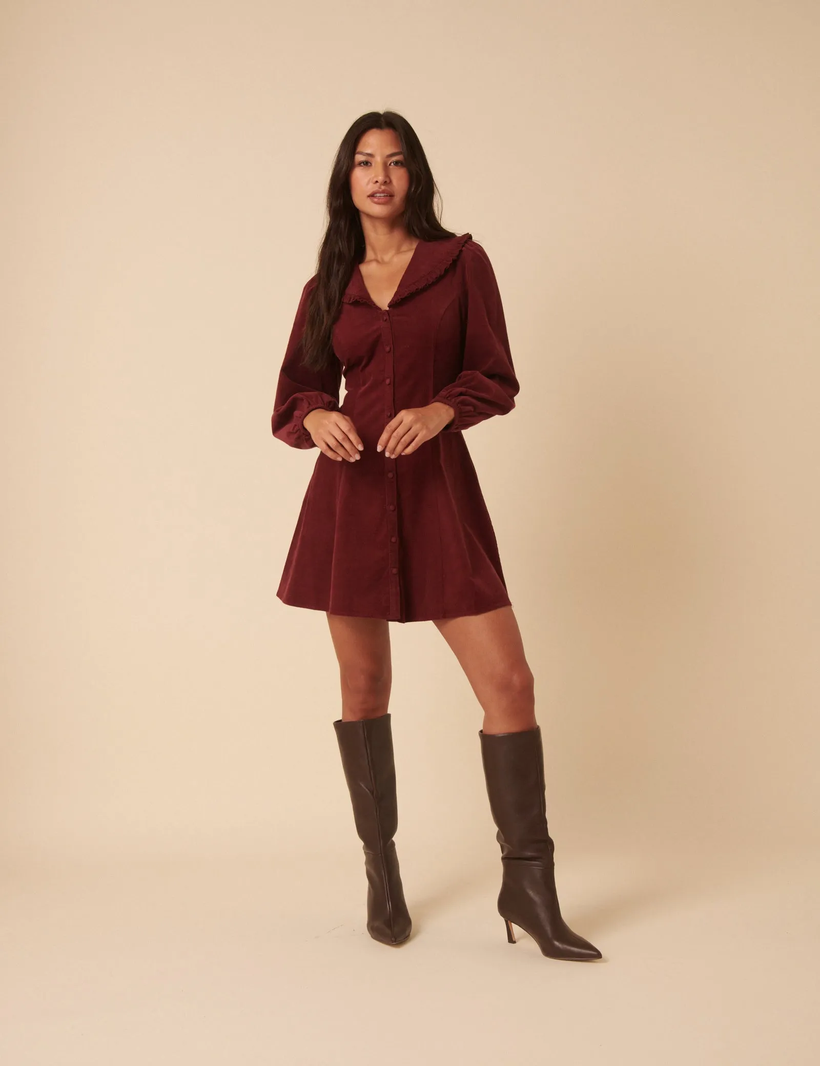Burgundy Cord Collared Emma Mini Dress sold by Nobody's Child product image thumbnail 5