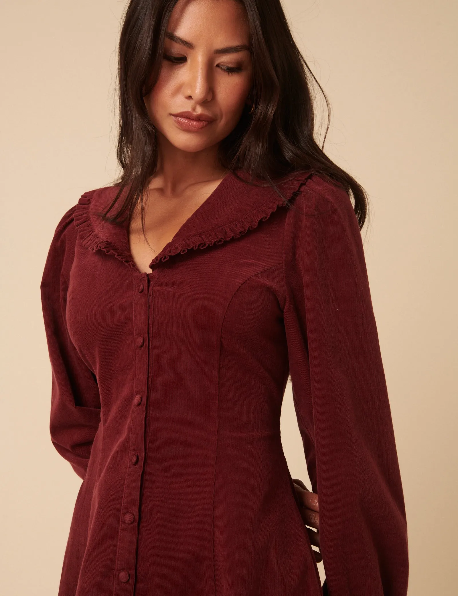 Burgundy Cord Collared Emma Mini Dress sold by Nobody's Child product image thumbnail 4