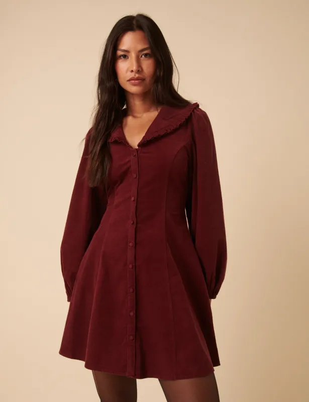 Burgundy Cord Collared Emma Mini Dress sold by Nobody's Child