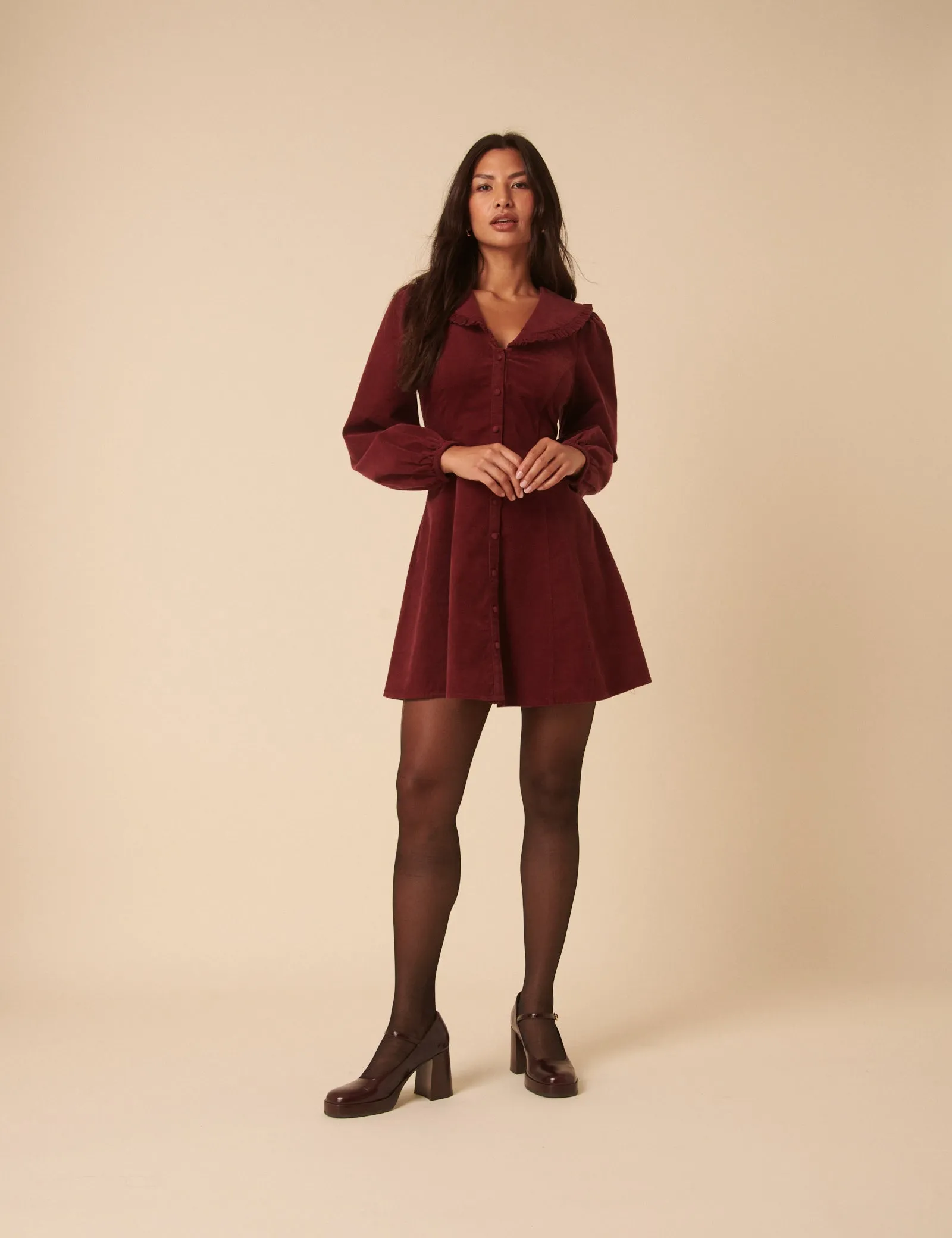 Burgundy Cord Collared Emma Mini Dress sold by Nobody's Child product image thumbnail 2