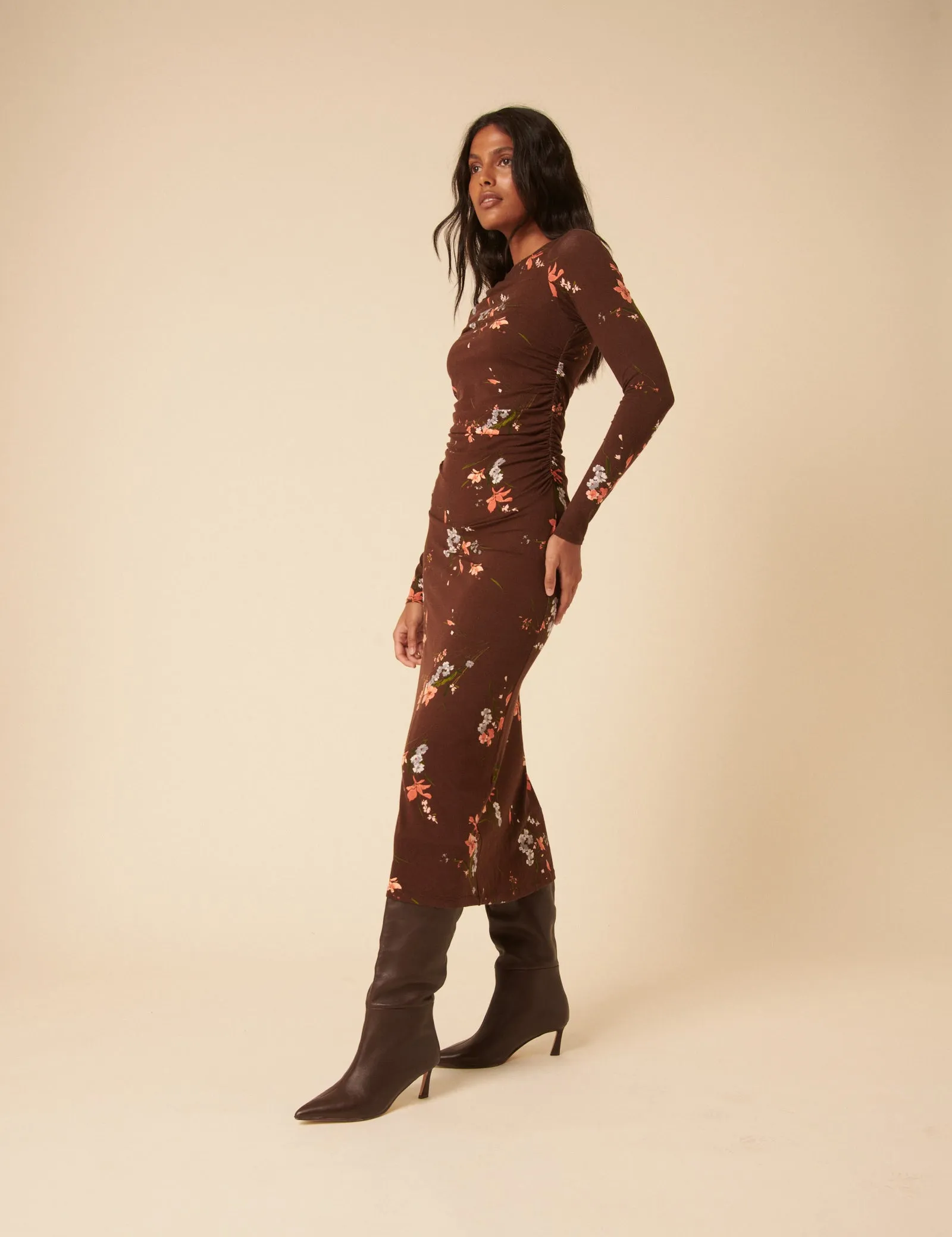 Brown Floral Jersey Draped Laurella Midi Dress sold by Nobody's Child product image thumbnail 3