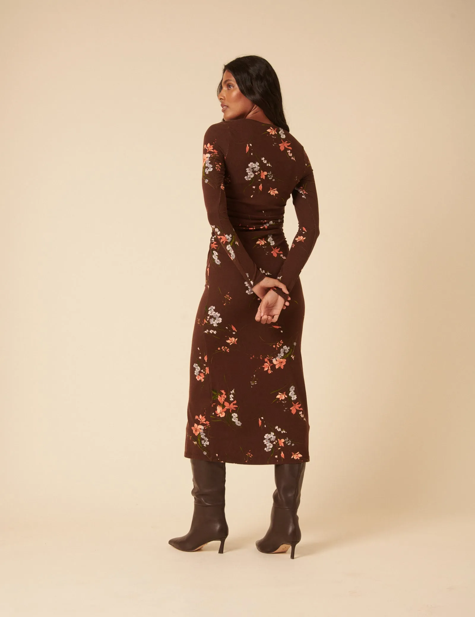 Brown Floral Jersey Draped Laurella Midi Dress sold by Nobody's Child product image thumbnail 4