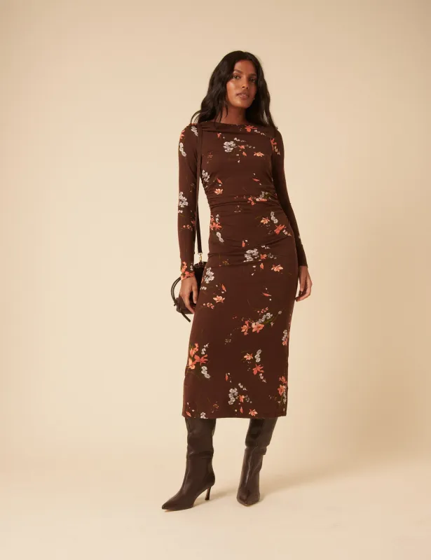 Brown Floral Long Sleeve Laurella Midi Dress sold by Nobody's Child