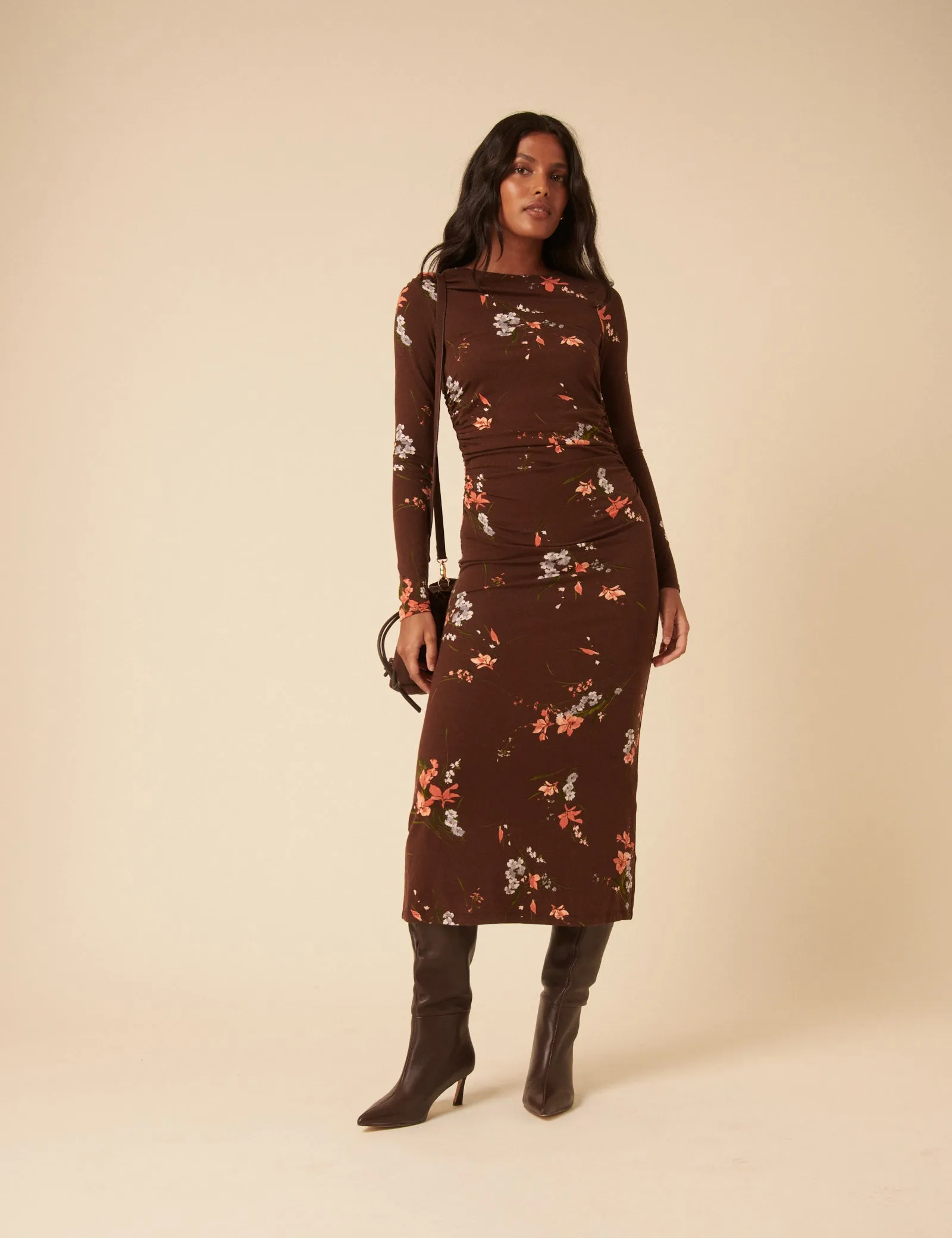Brown Floral Jersey Draped Laurella Midi Dress sold by Nobody's Child