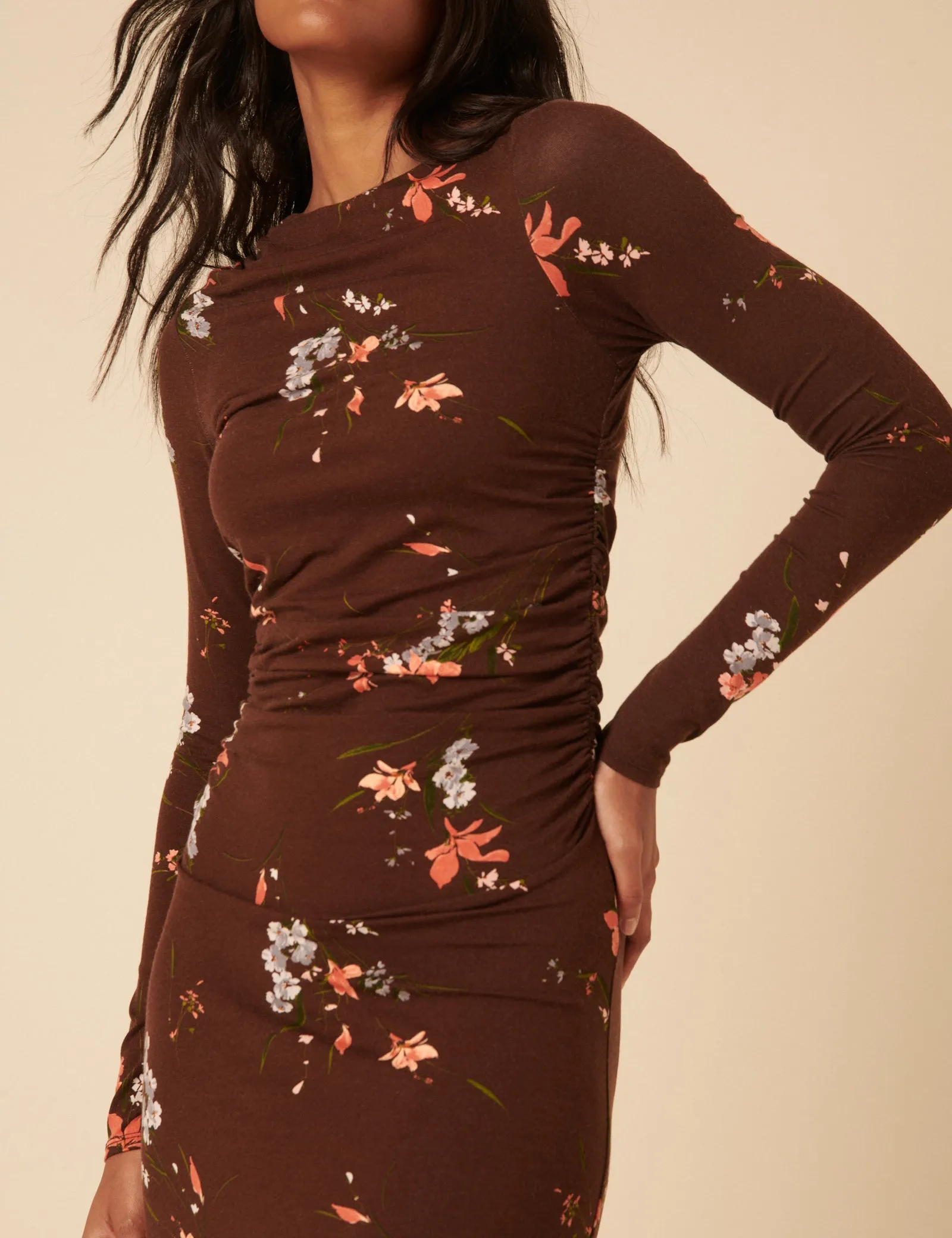 Brown Floral Jersey Draped Laurella Midi Dress sold by Nobody's Child product image thumbnail 2