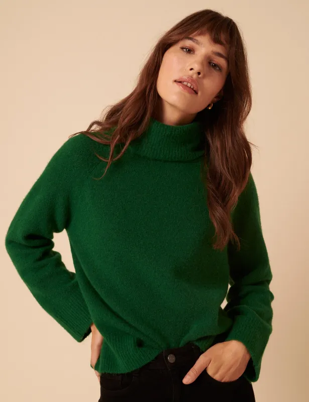 Forest Green Roll Neck Relaxed Knitted Jumper sold by Nobody's Child
