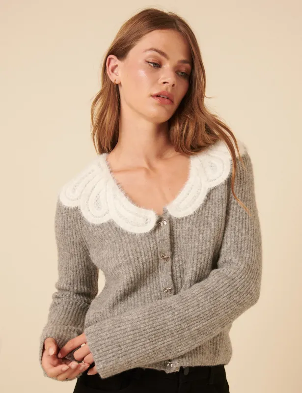 Grey Crochet Collar Knitted Cardigan sold by Nobody's Child