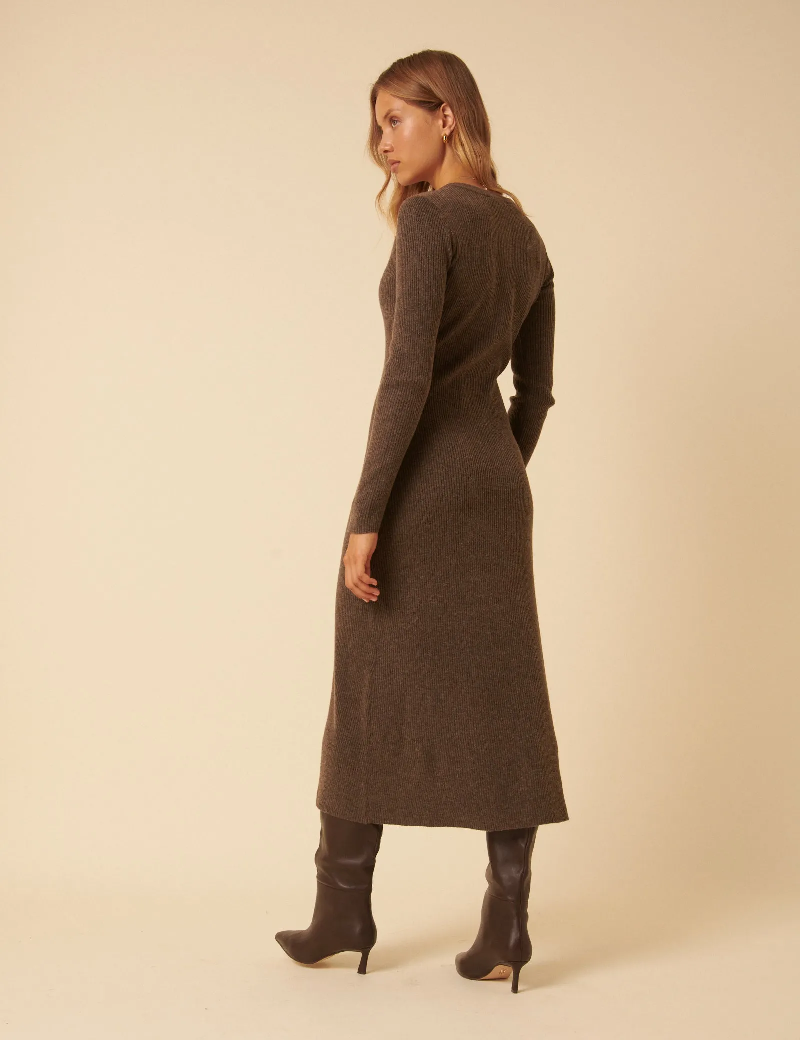 Brown Ribbed Knitted Midi Dress sold by Nobody's Child product image thumbnail 5