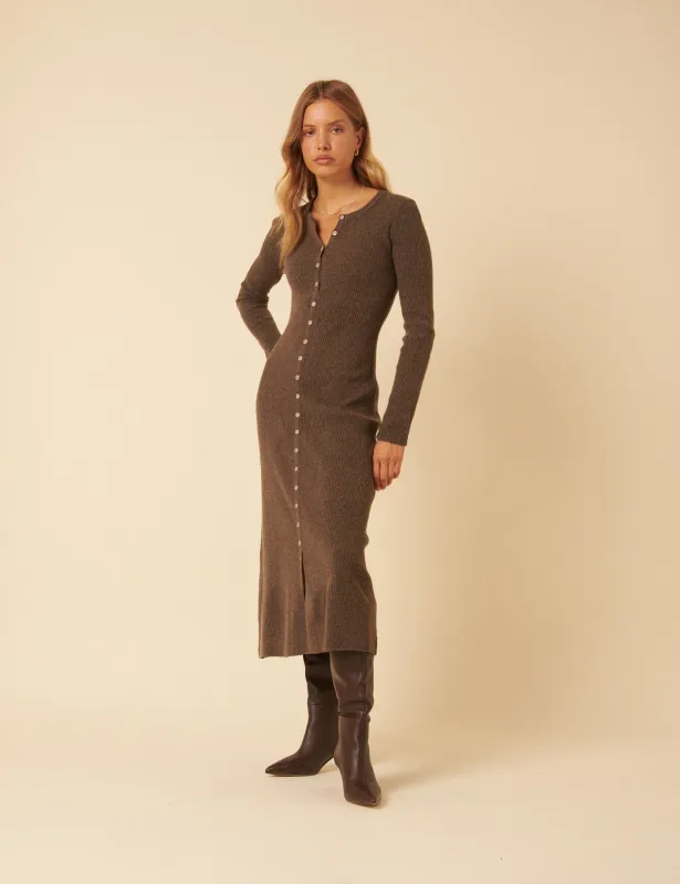 Brown Ribbed Knitted Midi Dress sold by Nobody's Child
