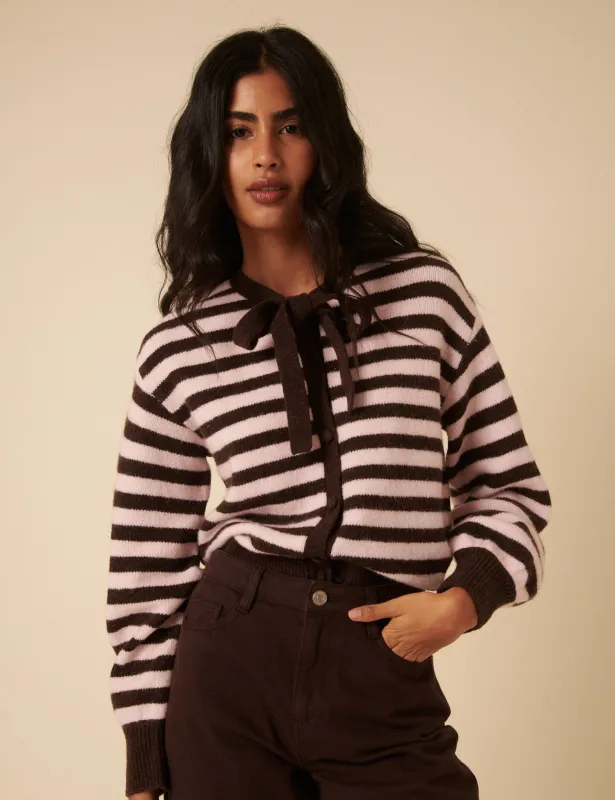 Brown And Pink Striped Tie Neck Cardigan sold by Nobody's Child