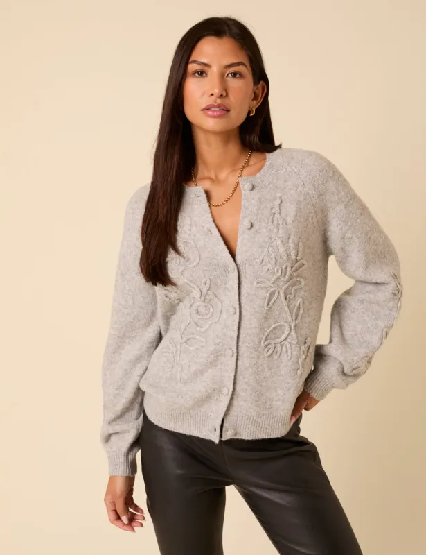 Grey Floral Embroidered Crew Neck Cardigan sold by Nobody's Child