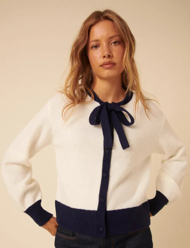White Contrast Trim Tie Neck Cardigan sold by Nobody's Child