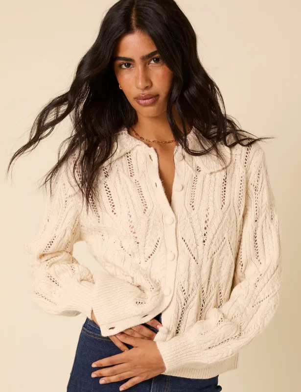 White Pointelle Collared Knitted Cardigan sold by Nobody's Child