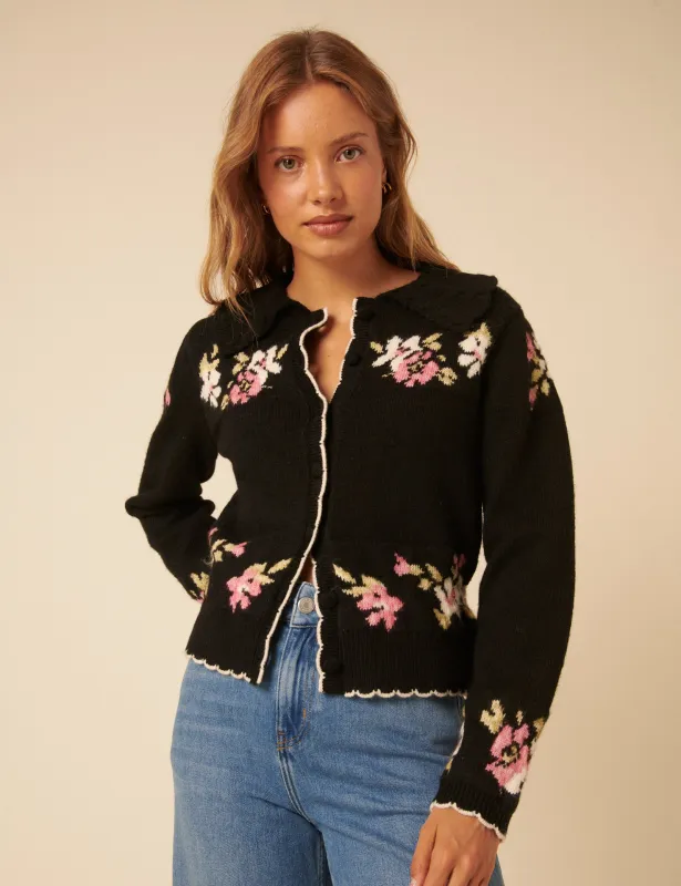 Black Floral Jaquard Collared Cardigan sold by Nobody's Child