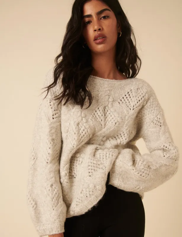 Light Grey Slash Neck Bobble Stitch Oversized Jumper sold by Nobody's Child