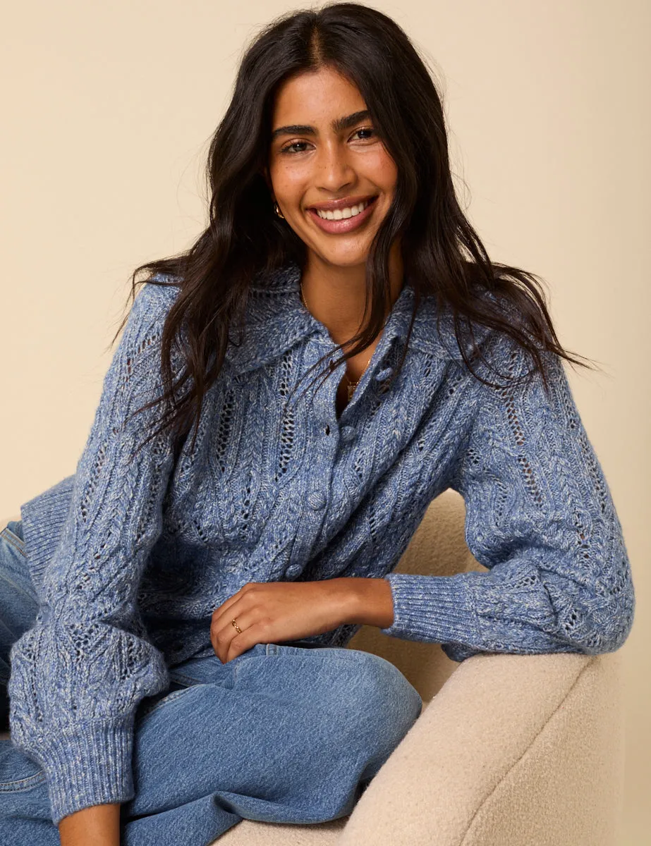 Blue Pointelle Collared Knitted Cardigan sold by Nobody's Child