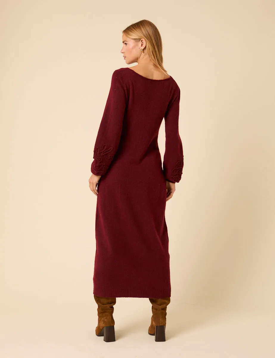 Burgundy Floral Embroidered Knitted Long Sleeve Midi Dress sold by Nobody's Child product image thumbnail 5
