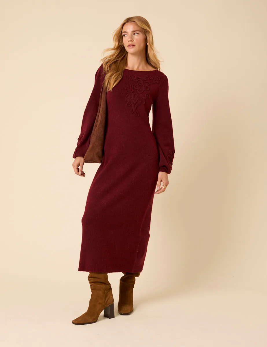 Burgundy Floral Embroidered Knitted Long Sleeve Midi Dress sold by Nobody's Child