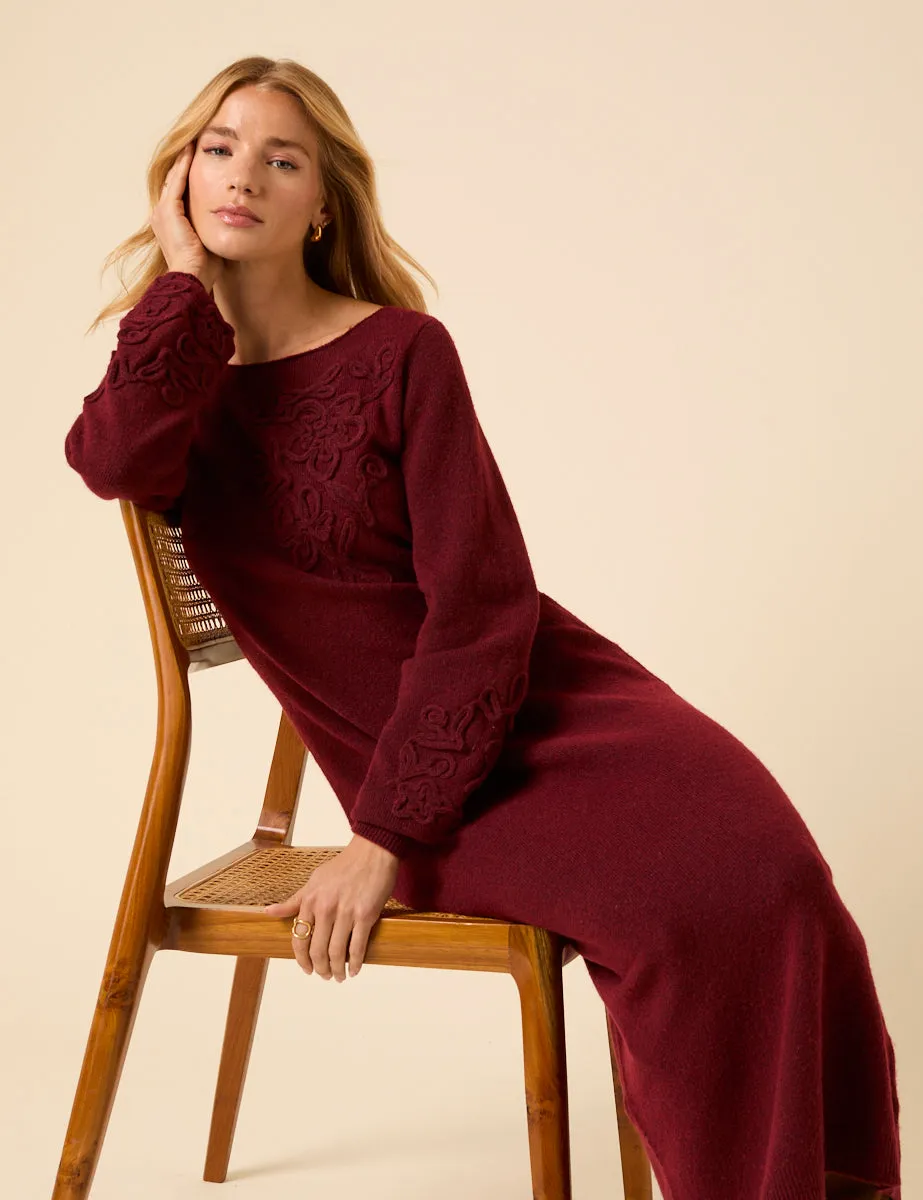 Burgundy Floral Embroidered Knitted Long Sleeve Midi Dress sold by Nobody's Child product image thumbnail 2