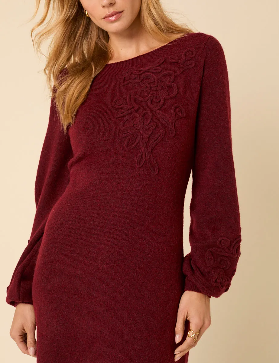 Burgundy Floral Embroidered Knitted Long Sleeve Midi Dress sold by Nobody's Child product image thumbnail 4
