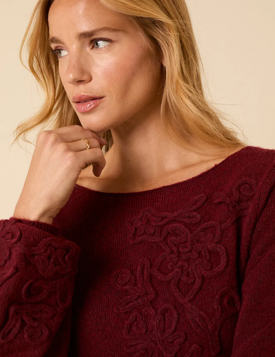 Burgundy Floral Embroidered Knitted Long Sleeve Midi Dress sold by Nobody's Child product image thumbnail 3