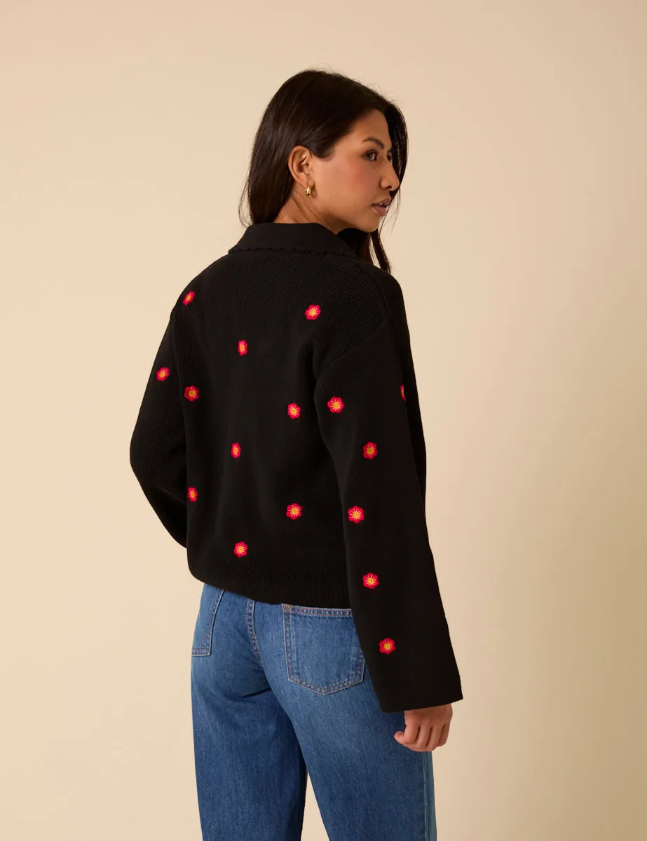 Black Floral Embroidered Collared Cardigan sold by Nobody's Child product image thumbnail 5