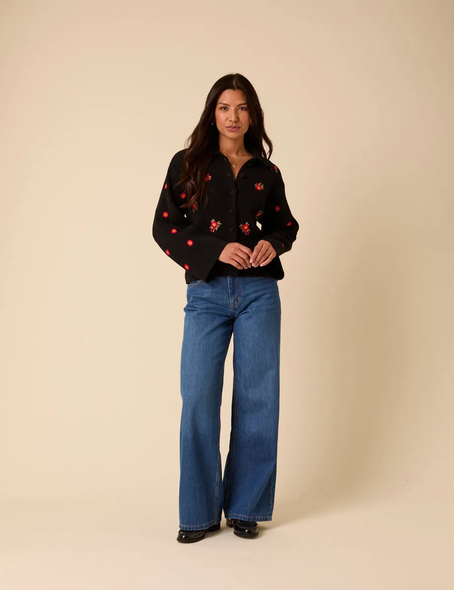 Black Floral Embroidered Collared Cardigan sold by Nobody's Child product image thumbnail 2