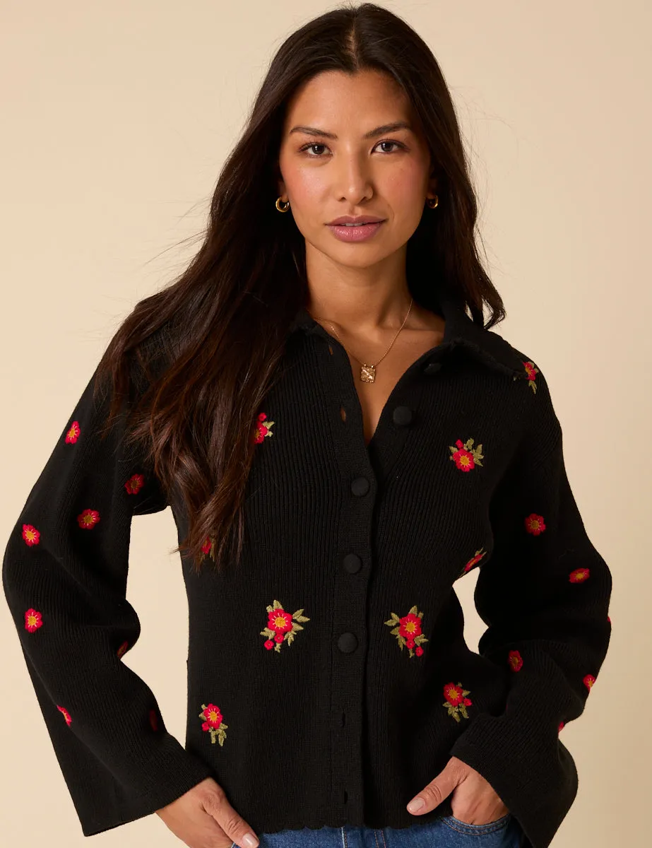 Black Floral Embroidered Collared Cardigan sold by Nobody's Child