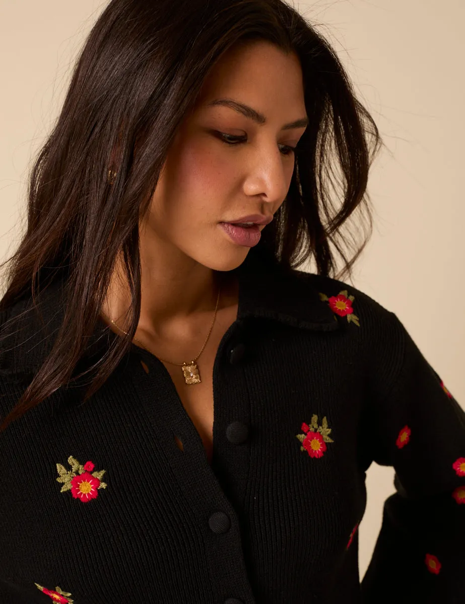 Black Floral Embroidered Collared Cardigan sold by Nobody's Child product image thumbnail 3