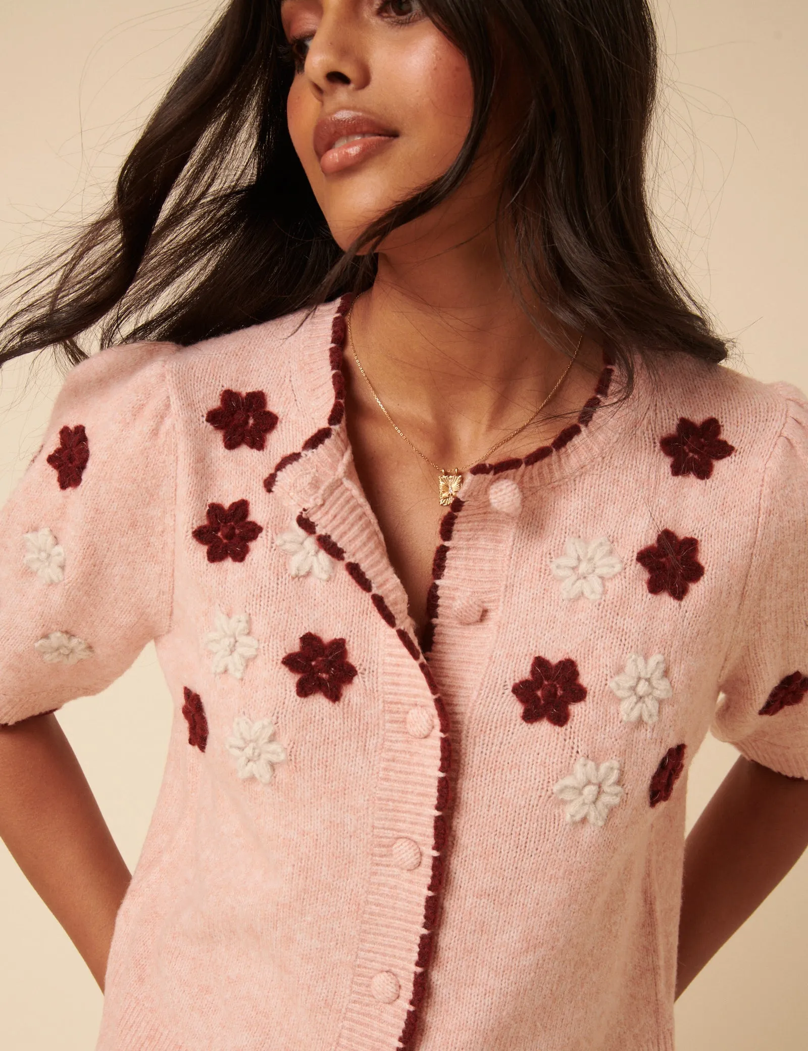 Pink Floral Yoke Embroidered Short Sleeve Cardigan sold by Nobody's Child product image thumbnail 3