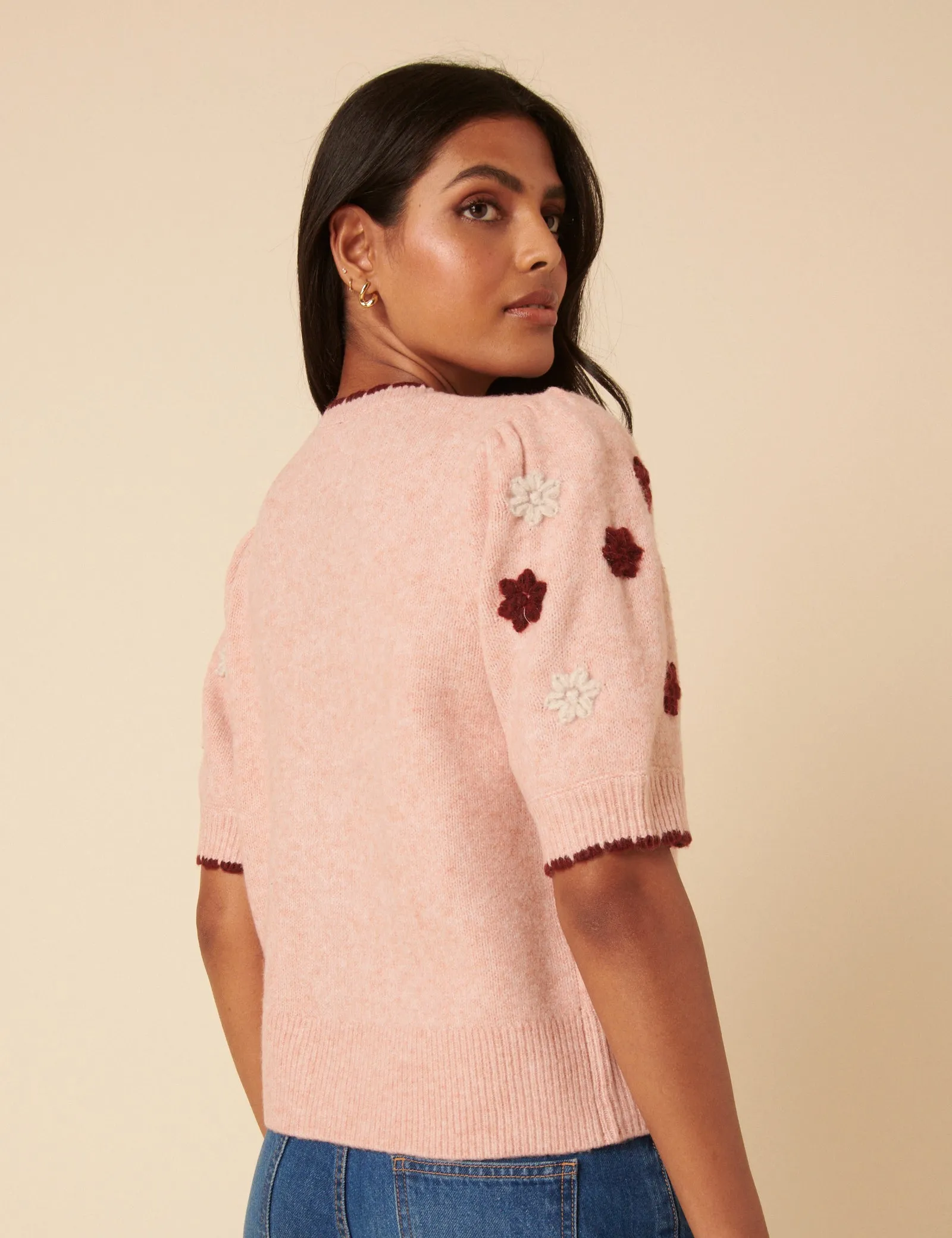 Pink Floral Yoke Embroidered Short Sleeve Cardigan sold by Nobody's Child product image thumbnail 5