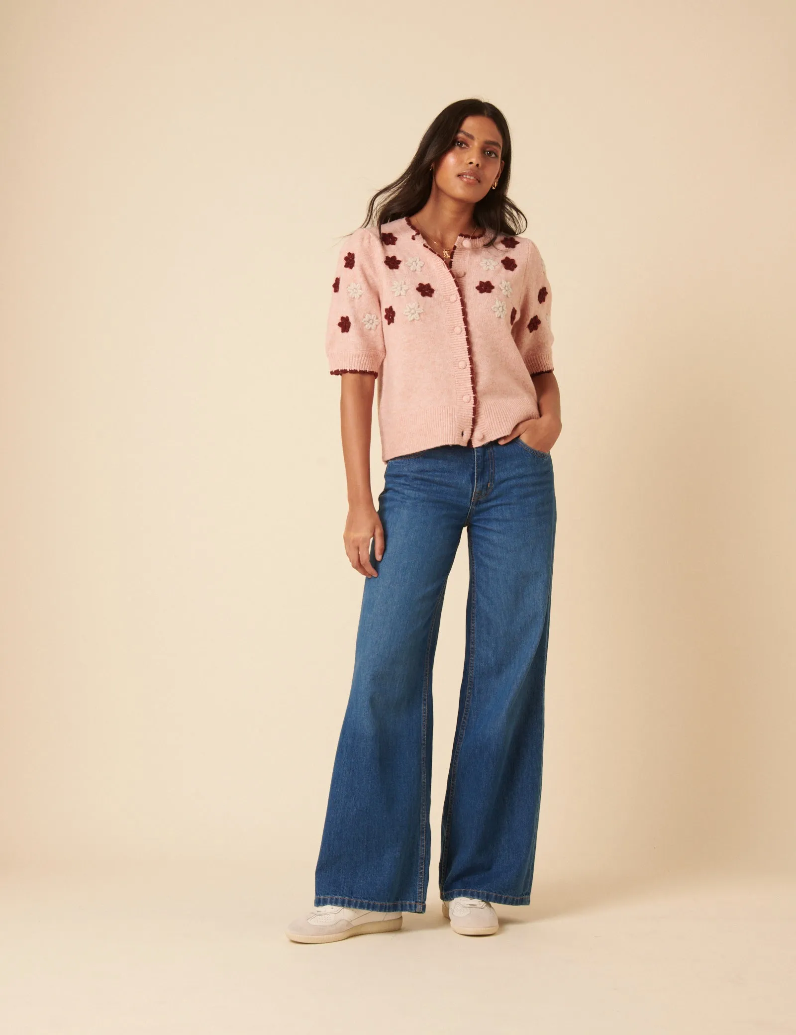 Pink Floral Yoke Embroidered Short Sleeve Cardigan sold by Nobody's Child product image thumbnail 2