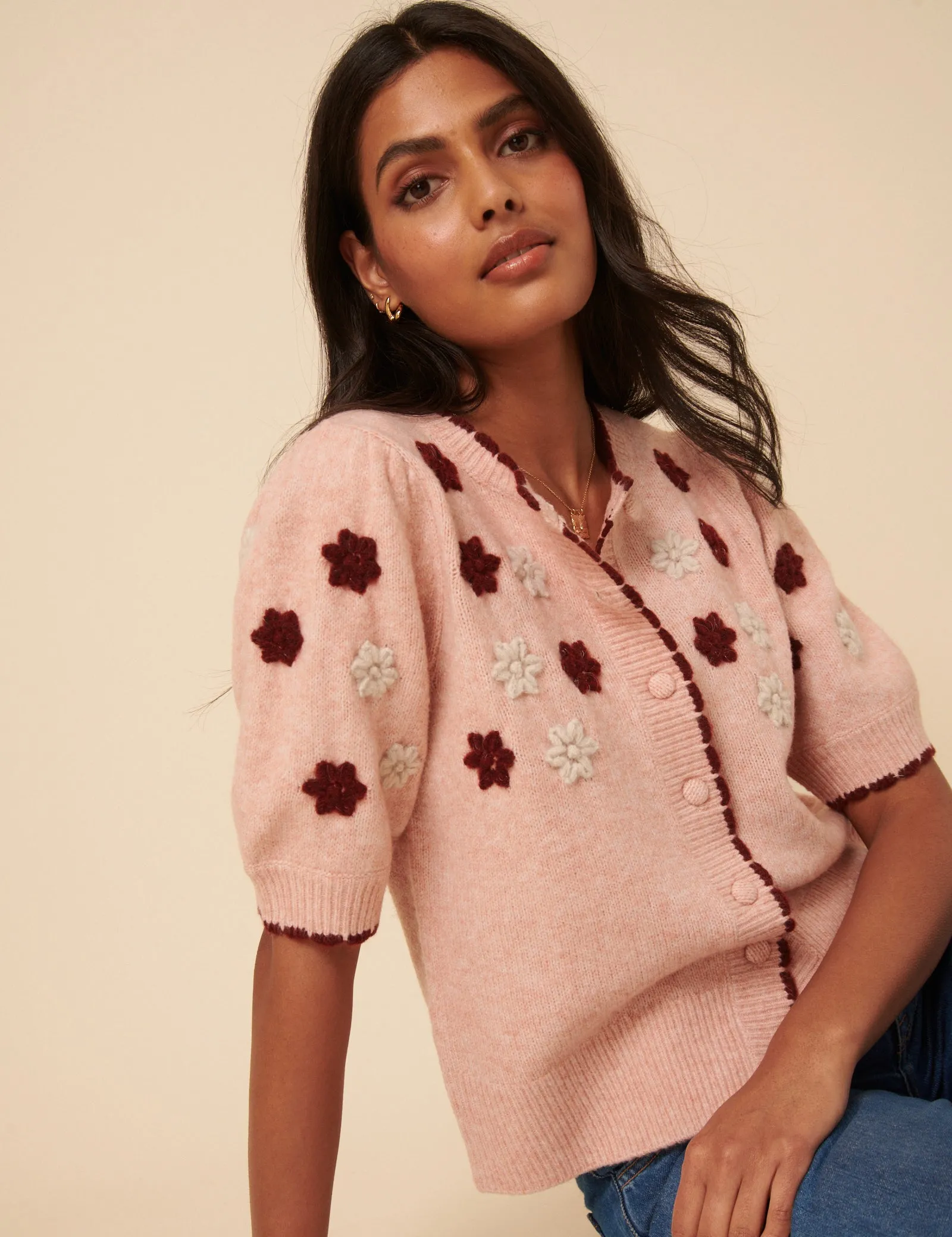 Pink Floral Yoke Embroidered Short Sleeve Cardigan sold by Nobody's Child product image thumbnail 4
