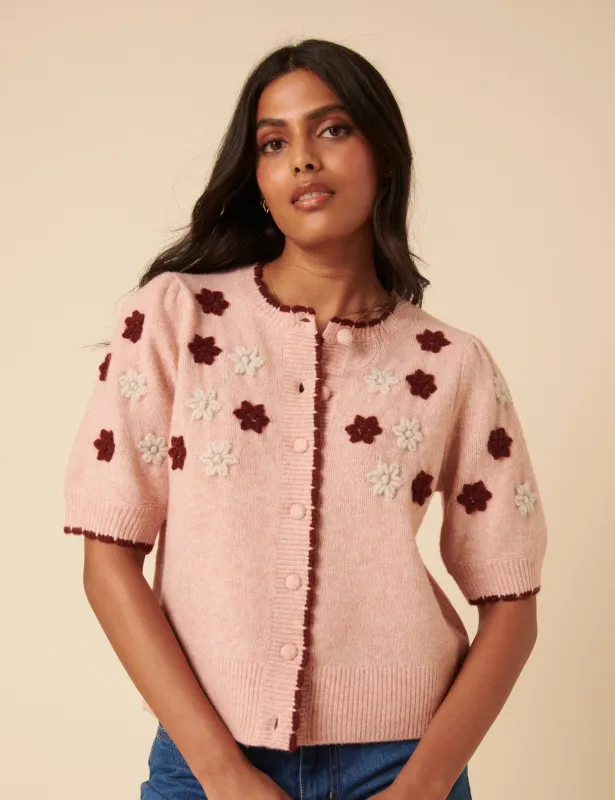 Pink Floral Yoke Embroidered Short Sleeve Cardigan sold by Nobody's Child