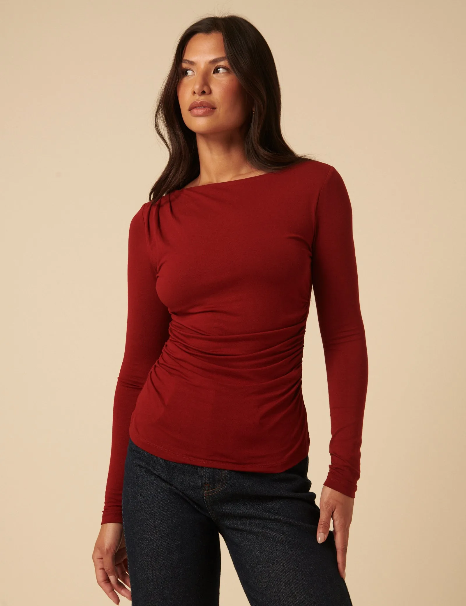 Red Ruched Long Sleeve Jersey Top sold by Nobody's Child product image thumbnail 4