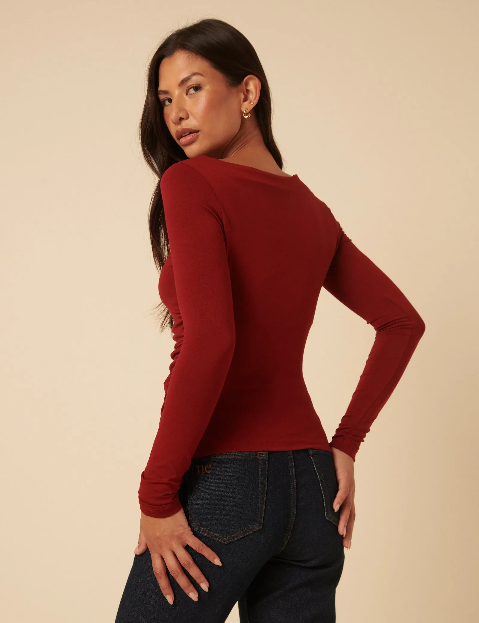 Red Ruched Long Sleeve Jersey Top sold by Nobody's Child product image thumbnail 5
