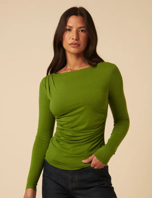 Green Ruched Long Sleeve Jersey Top sold by Nobody's Child