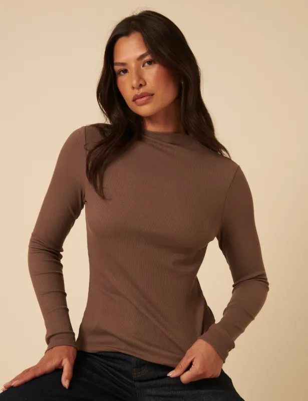 Brown Ribbed High Neck Top sold by Nobody's Child
