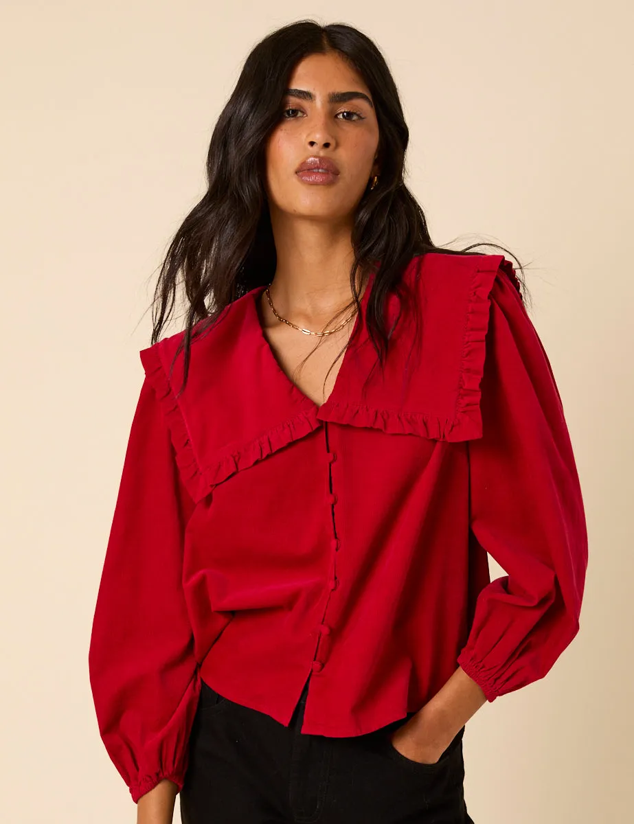 Red Cord Oversized Ruffle Collar Blouse sold by Nobody's Child
