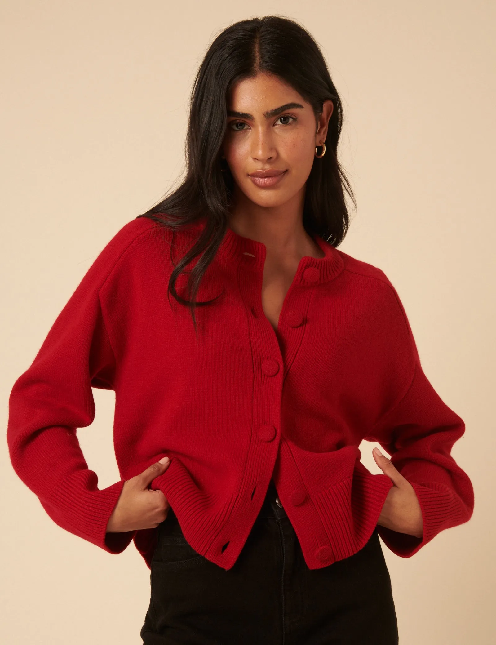 Red Wool Crew Neck Cardigan sold by Nobody's Child