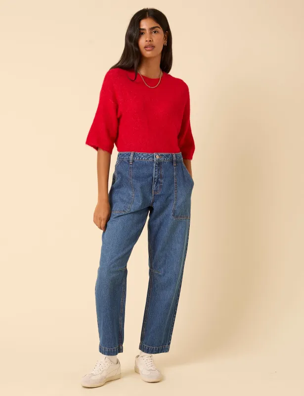 Blue Mid Rise Utility Barrel Leg Jeans sold by Nobody's Child