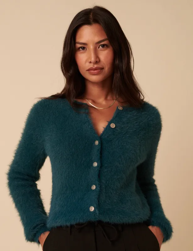 Teal Fluffy Long Sleeve Knitted Cardigan sold by Nobody's Child