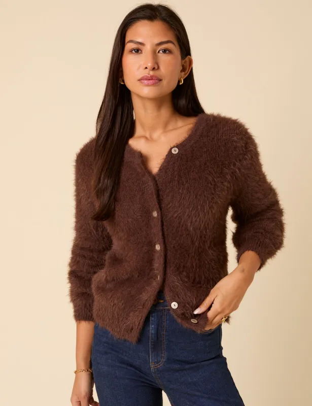 Brown Fluffy Long Sleeve Knitted Cardigan sold by Nobody's Child